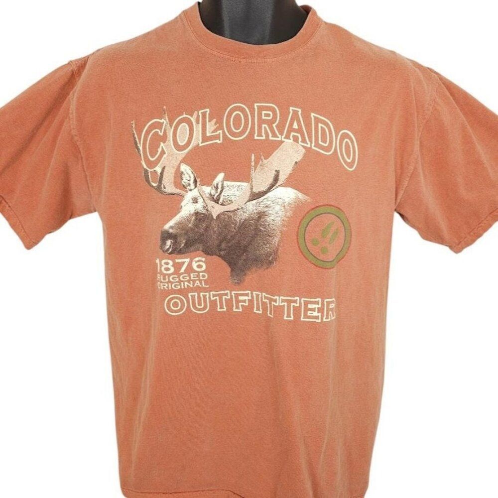 Vintage Colorado Outfitter T Shirt Mens Size Medium Orange Y2K Moose Nature Tee